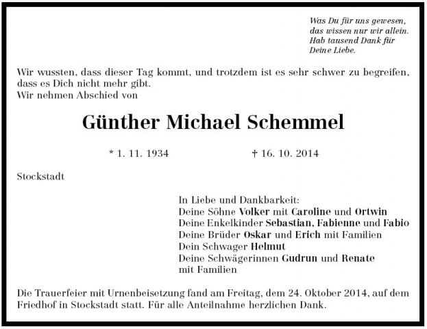 Schemmel Michael 1934-2014 Todesanzeige